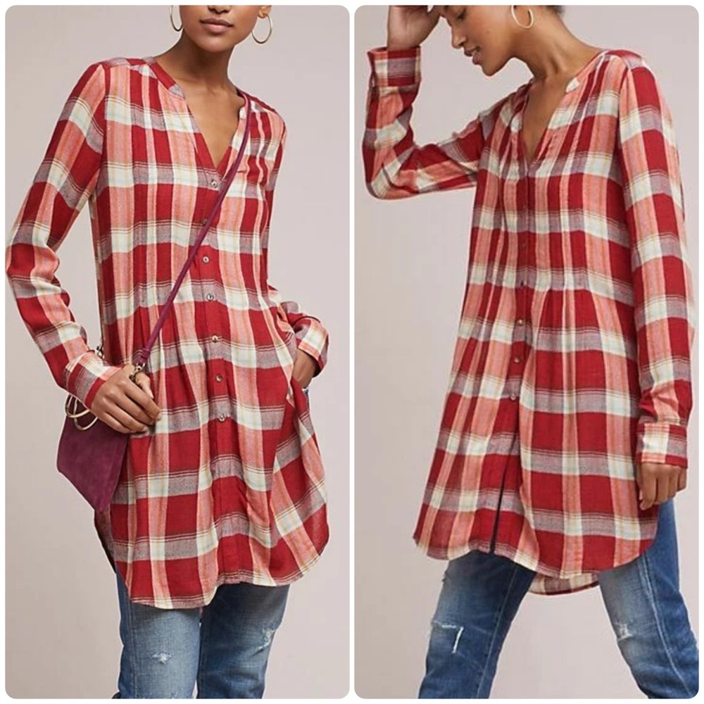 Anthropologie Lucie Plaid Tunic, by Akemi + Kin - Red Motif,‎ Rayon Wool Size XS